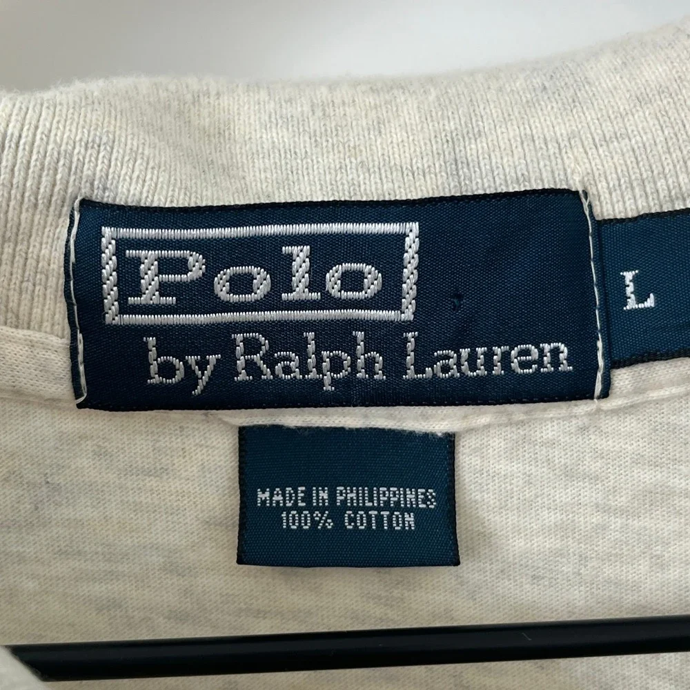 Polo Ralph Lauren Mens Large Long Sleeve Polo Shirt Oatmeal Cream Heather